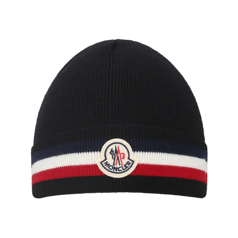 未使用 MONCLER 盟可睐 男士三色饰边帽子针织帽3B00076 A9575