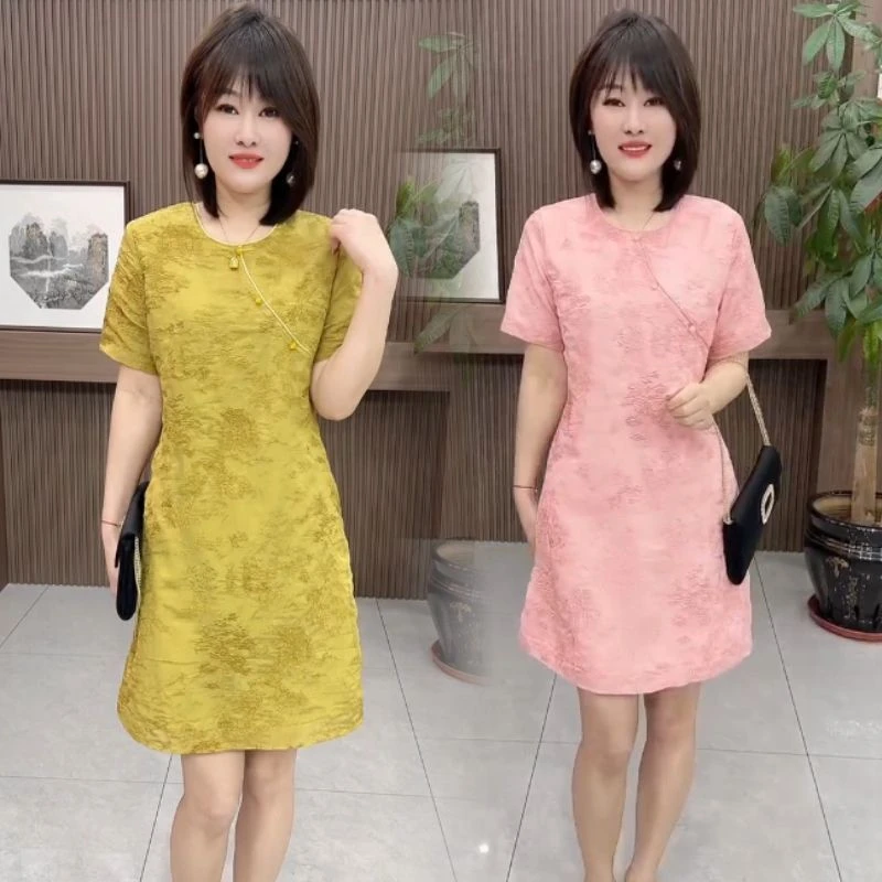 2025轻奢夏季新款短袖气质中式提花刺绣显瘦宽松国风中长款连衣裙