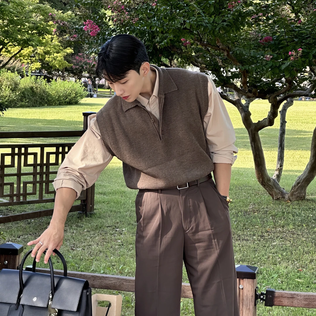 翻领针织衫背心男士春秋韩版美拉德穿搭无袖毛衣轻熟风polo领马甲