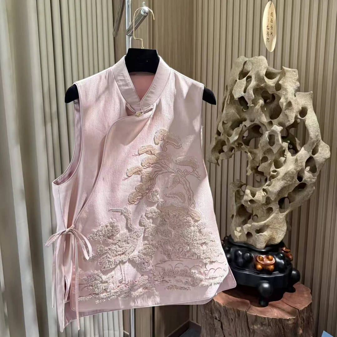 松鹤延年-新中式国风中长款重工刺绣无袖马甲
