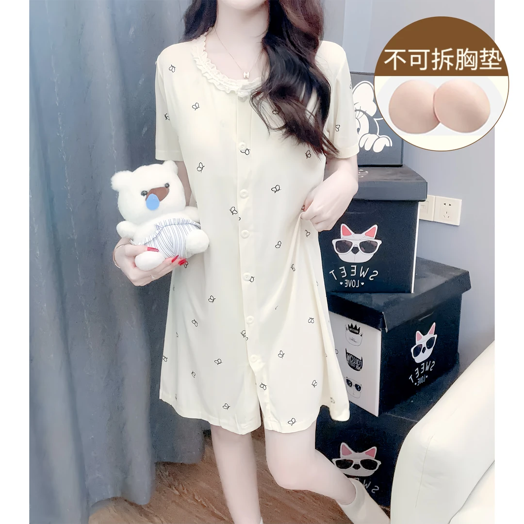 带胸垫睡裙女夏季薄款短袖甜美风可爱少女莫代尔新款睡衣家居服