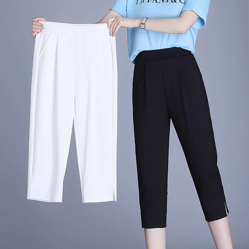 显瘦七分裤女夏季薄款休闲裤子宽松女裤高腰大码胖mm运动弹力中裤