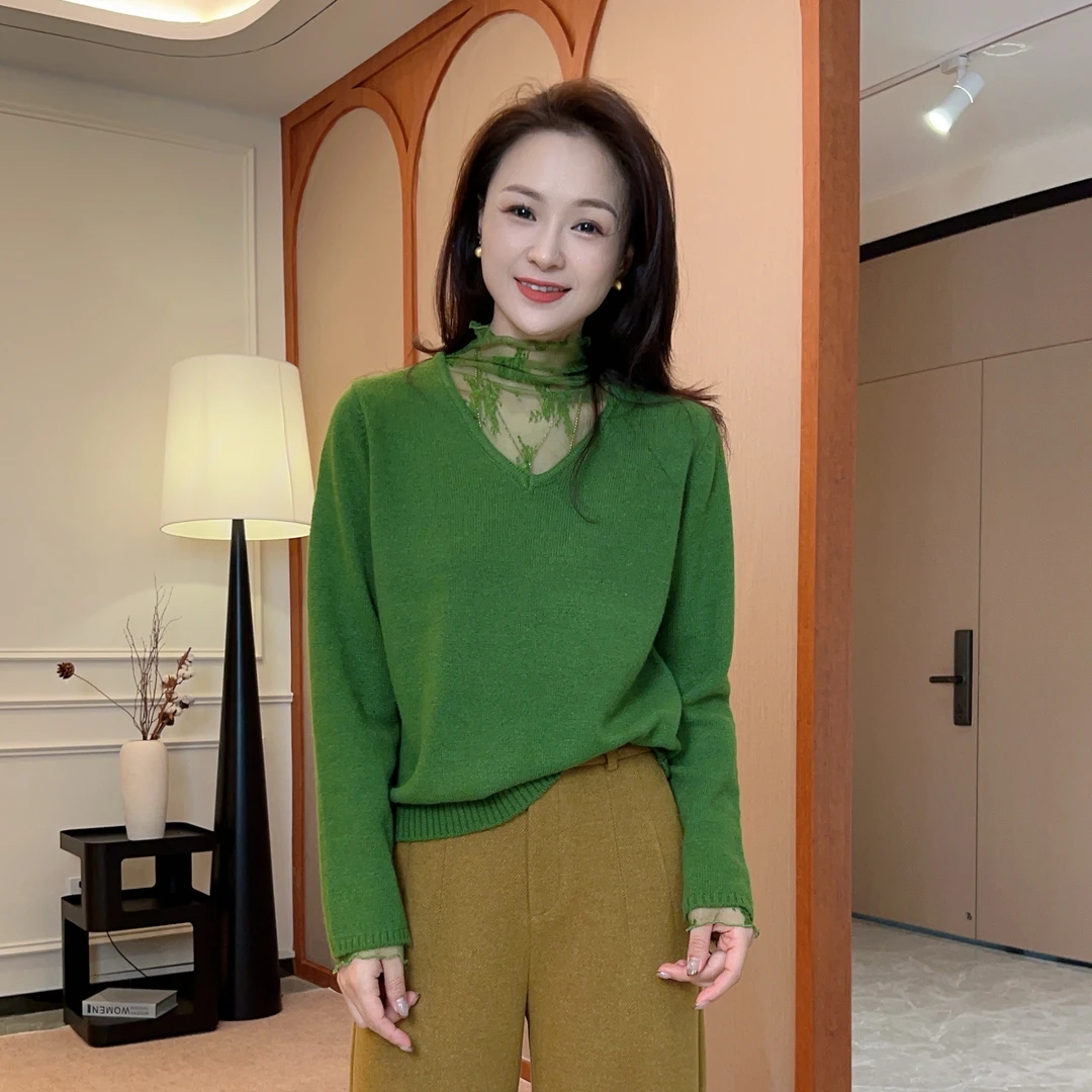 豆豆9【兔绒+羊毛】拼接纯欲风蕾丝针织衫女高领钩花毛衣-502125DM