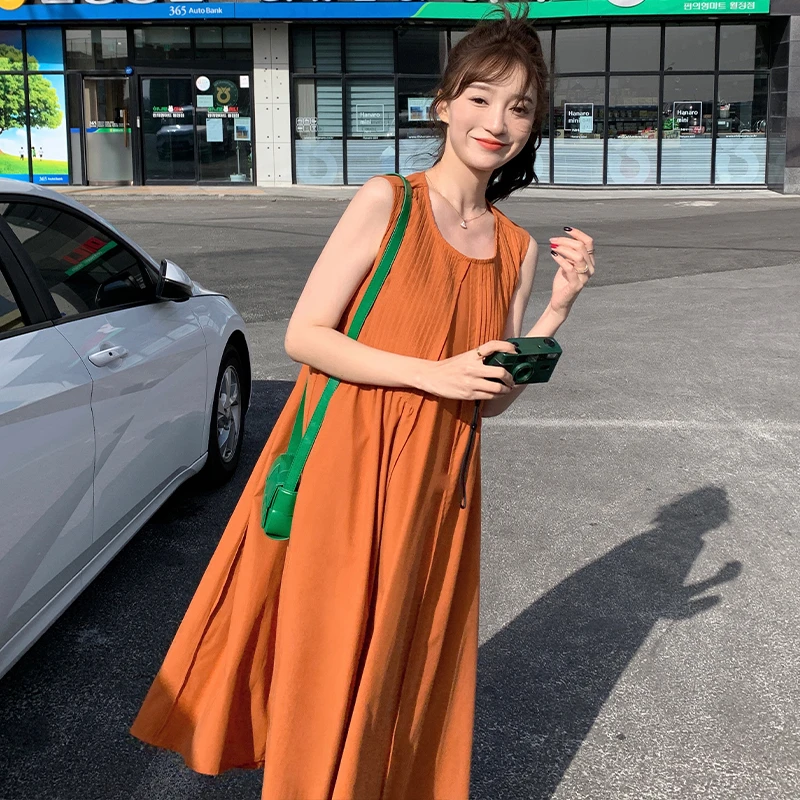 长裙无袖中长款连衣裙夏季女装套头款度假风韩版宽松显瘦气质时尚