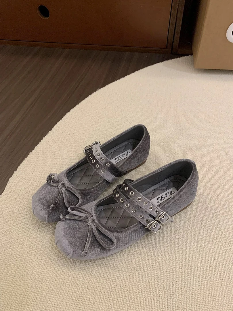 法式丝绒双排扣软底玛丽珍女2025春季新款百搭蝴蝶结复古芭蕾单鞋