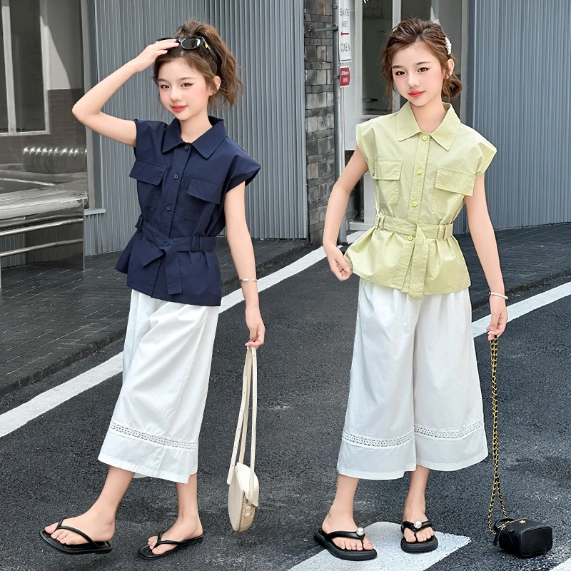 女童夏季套装儿童短袖衬衫七分裤两件套2025新款港风百搭中大童潮