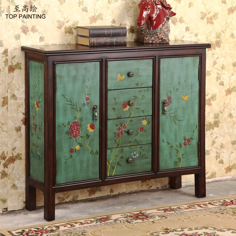 古典美式玄关柜复古彩绘家具客厅餐边柜进门装饰柜隔断屏风整装