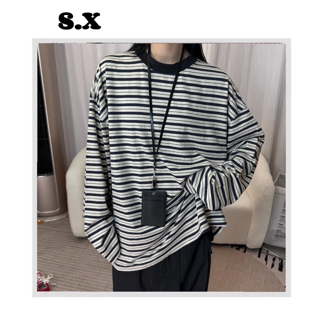 S.X 2025春夏新款设计感百搭条纹长袖T桖