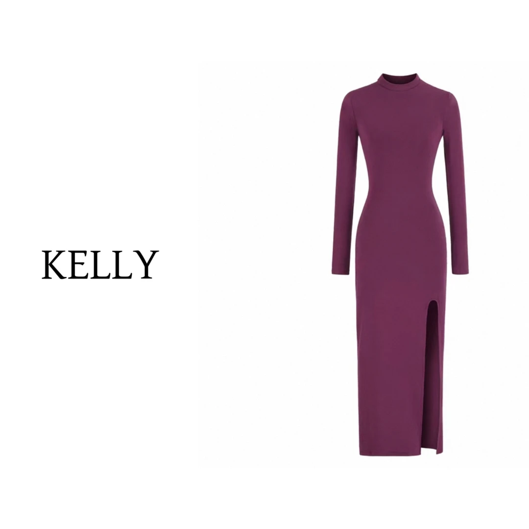 KELLY/狐系尤物/秋冬加绒长款连衣裙/修身开叉包臀裙/百搭打底裙