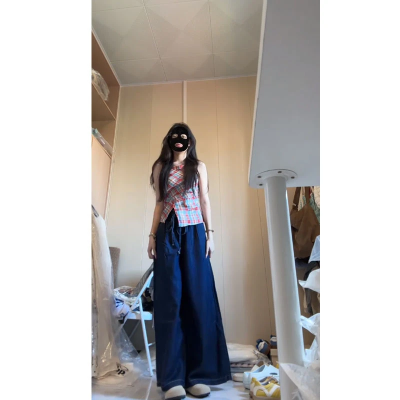 夏季新款时尚气质红色格纹无袖背心衬衫宽松阔腿垂感拖地裤两件套