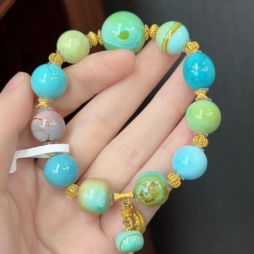 绿松石珠宝奇石18K金镶嵌姐***画