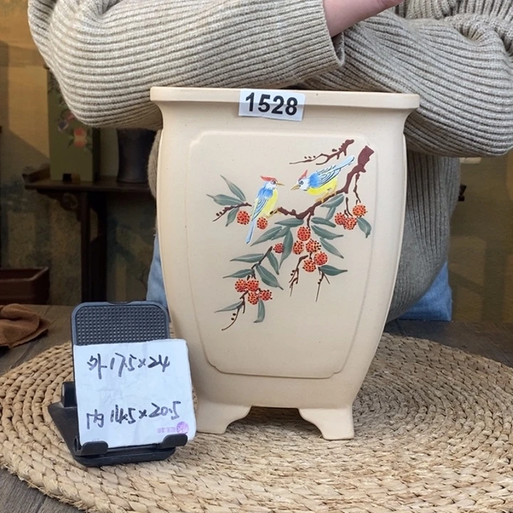 紫砂花盆  特惠白玉段奎面彩绘荔枝四方签筒1528