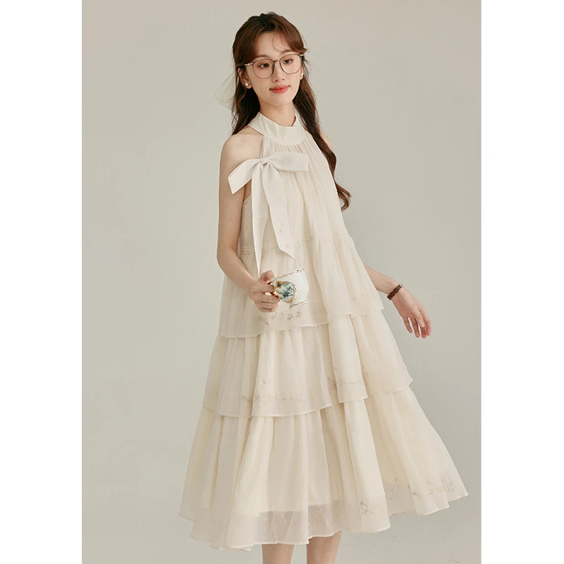 【三寸藕】法式温柔仙女挂脖吊带连衣裙宽松腰蝴蝶结无袖裙8009