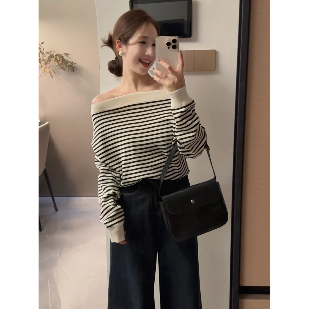 【条纹序曲】ins风随性气质通勤条纹针织衫套头秋季露肩上衣