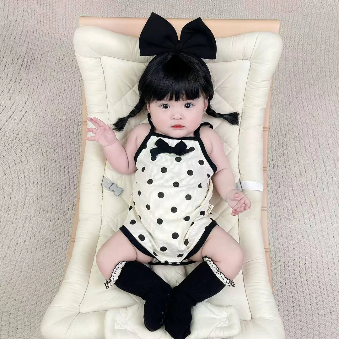 萱妈家【吊带圆点包屁】2025新款女宝宝夏季针织匹印波点吊带哈衣