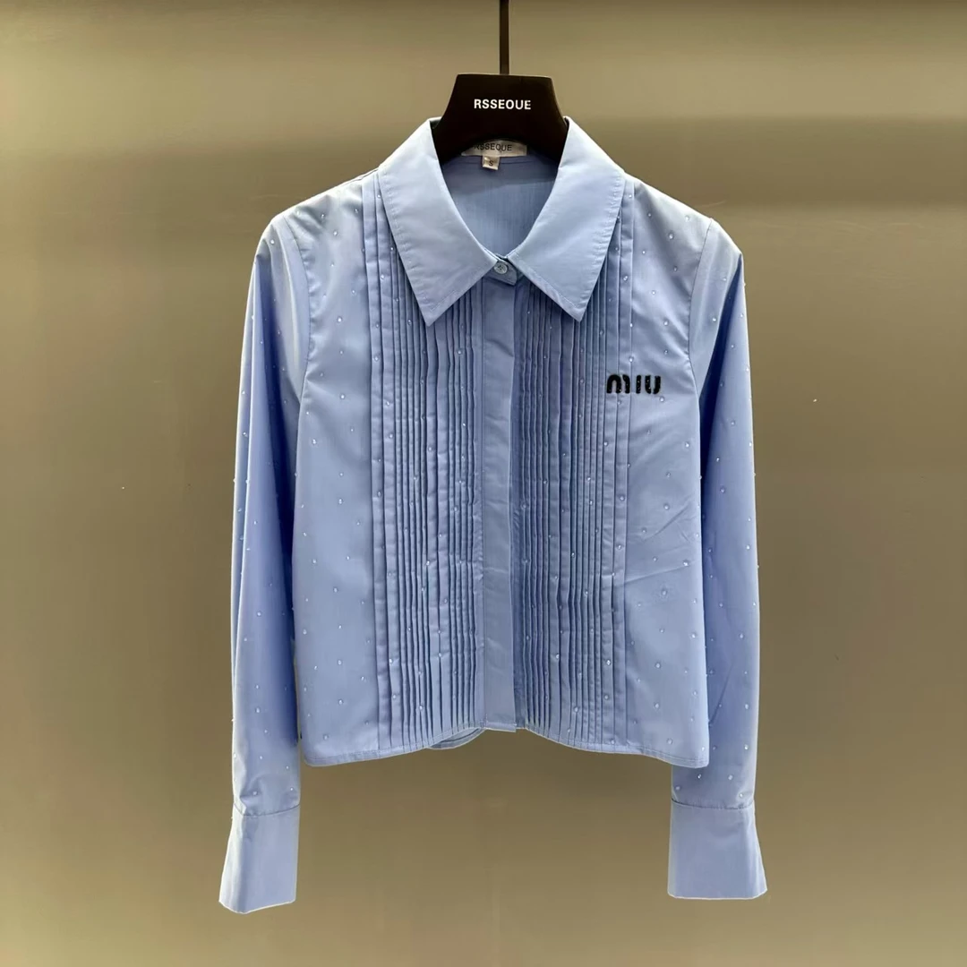 蓝色排褶烫钻法式衬衣2025年新款衬衫女设计高级休闲显瘦C9473