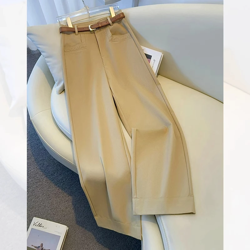 拉夏贝尔卡其色休闲女装阔腿裤夏新款高腰西装女士新款裤子长裤