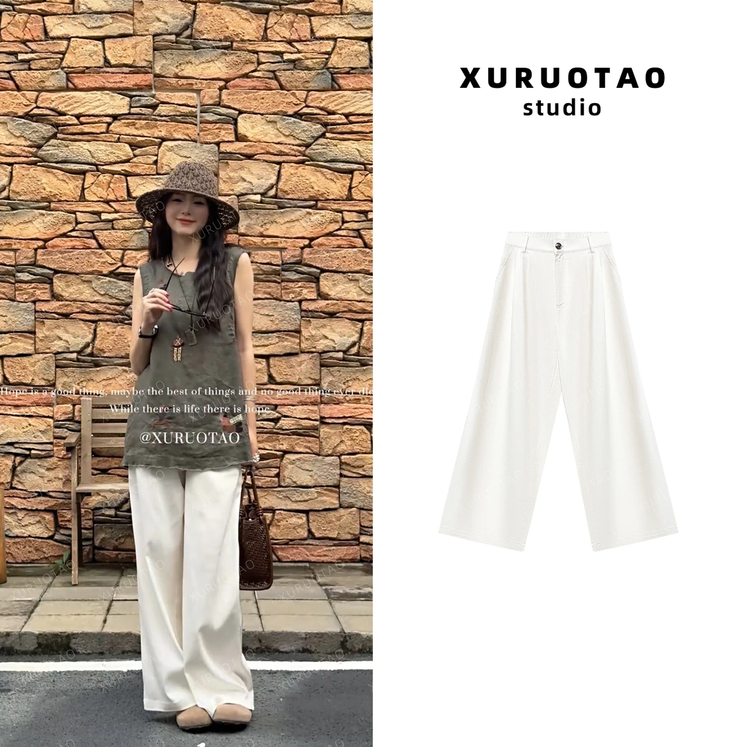 XURUOTAO 【白山茶花】莱赛尔直筒高腰显瘦重工白色牛仔裤 T6011