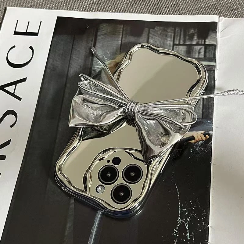 适用苹果华为荣耀oppo/vivo/小米电镀银色立体蝴蝶结高级手机壳
