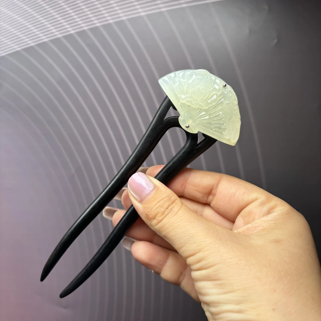 新中式黑檀木盘发U型双钗岫玉扇子盘发古风发簪