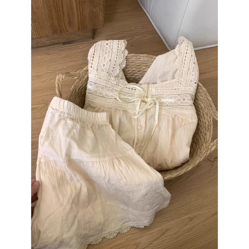 ins韩系高级感花边方领短袖睡衣女夏季新款高级感短裤家居服套装