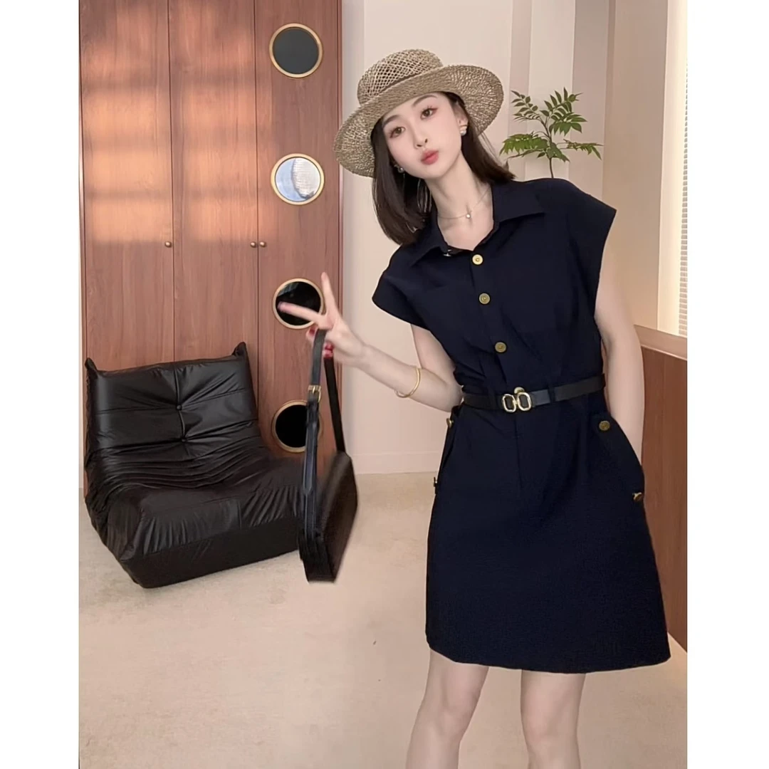 夏季新款藏蓝色简约气质显瘦百搭小众连衣裙＋腰带两件套B205