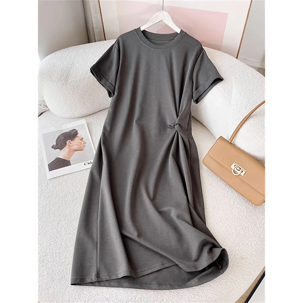 2025夏季上新侧边打褶显瘦中长款设计感简约遮肉韩版纯色连衣裙女