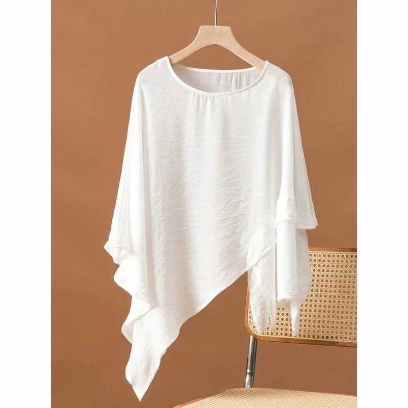 大码女装设计感纯色不规则上衣胖mm圆领百搭藏肉显瘦蝙蝠袖T恤衫