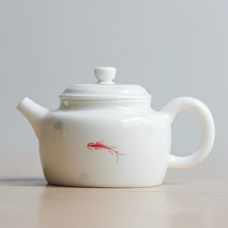 羊脂玉白瓷茶壶手绘小鱼德钟壶单泡茶壶带过滤中式简约泡茶器茶具