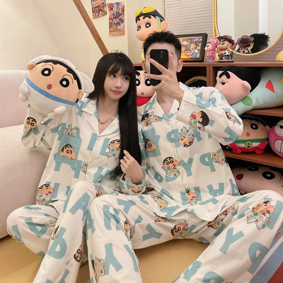 奥美诗嘉蜡笔小新联名情侣睡衣女春秋薄款卡通印花长袖纯棉家居服