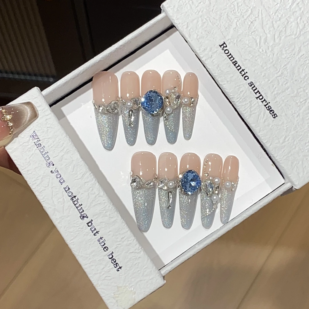 【海盐出逃】长款手工穿戴甲 显白 蓝色渐变爆闪猫眼天鹅蓝钻