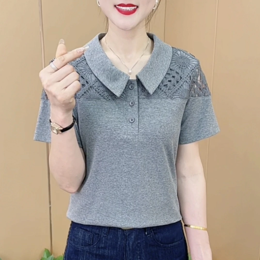 夏季新款时尚翻领蕾丝镂空拼接设计休闲百搭洋气短袖上衣M1561