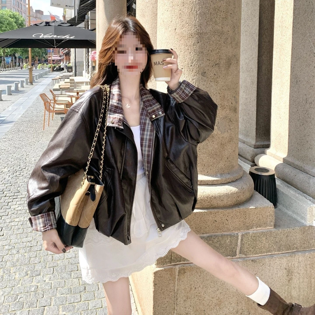 短款格子拼接洋气皮衣外套女2025秋季新款小个子复古机车夹克上衣