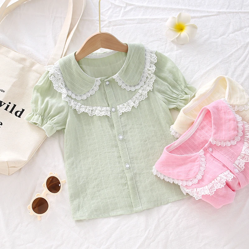 女宝宝花边衬衫女童蕾丝洋气娃娃领夏季洋气可爱女孩翻领短袖上衣