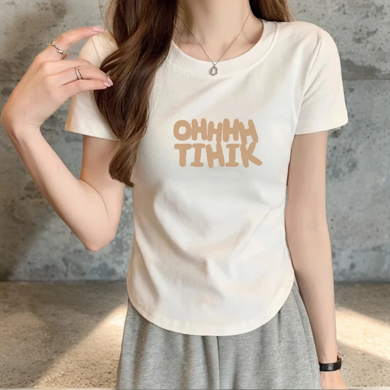 2025新款夏天简约圆弧短袖t恤女显瘦弧形下摆女款棉白色正肩微胖
