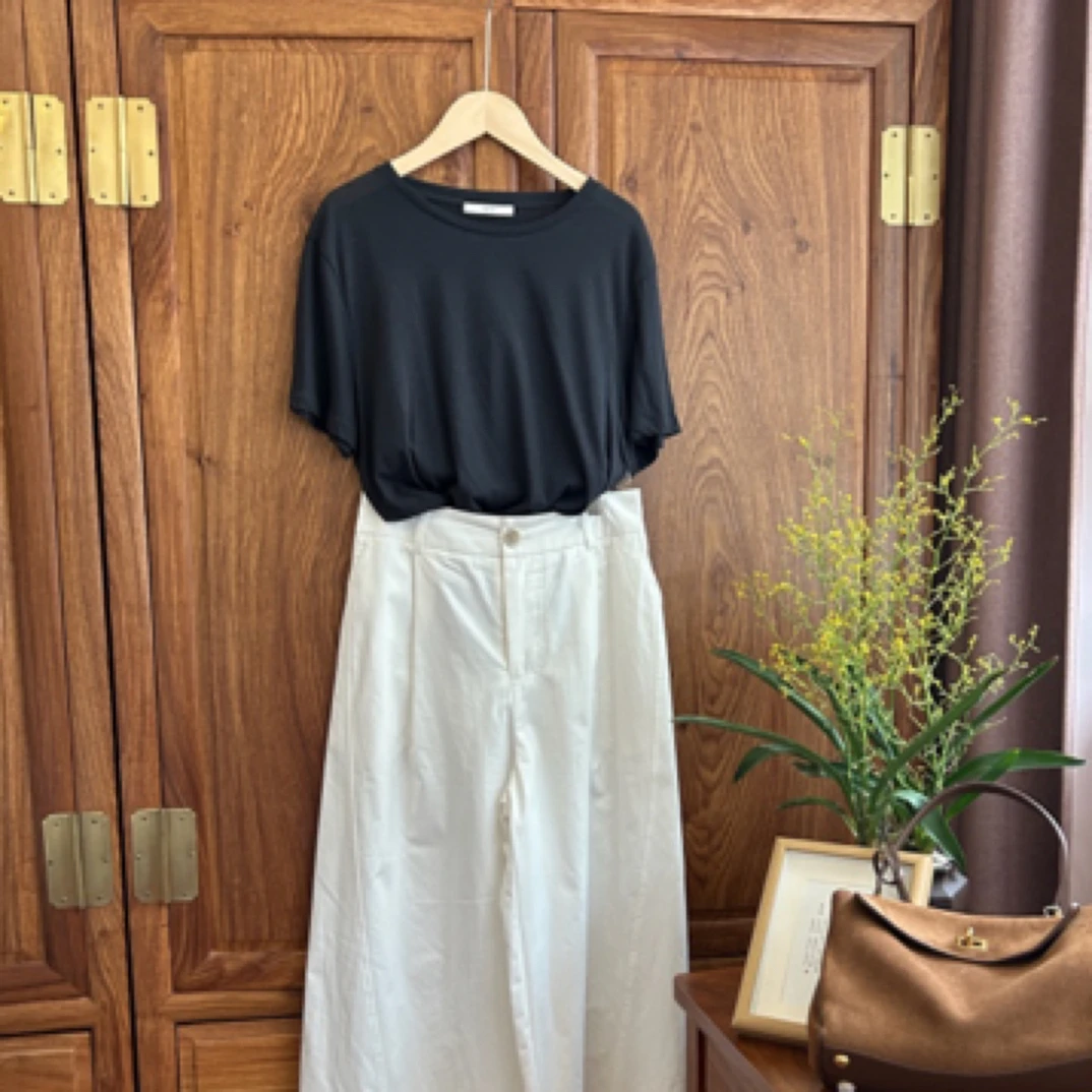 JING·超级轻薄的藏蓝色棉麻正肩短袖上衣百搭又舒适