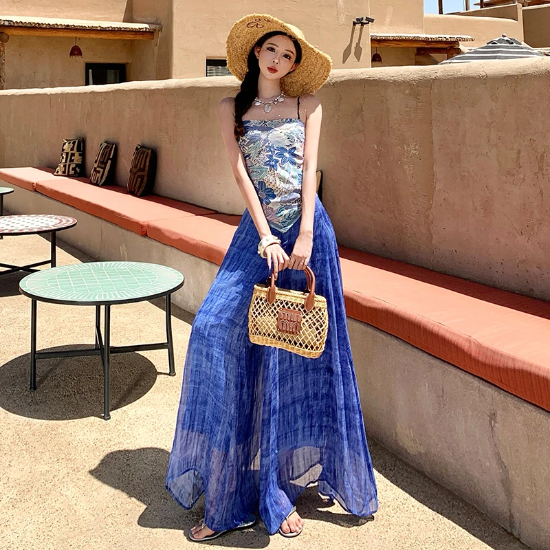 海边度假风蓝色印花露肩吊带上衣晕染阔腿裤两件套女夏季穿搭套装