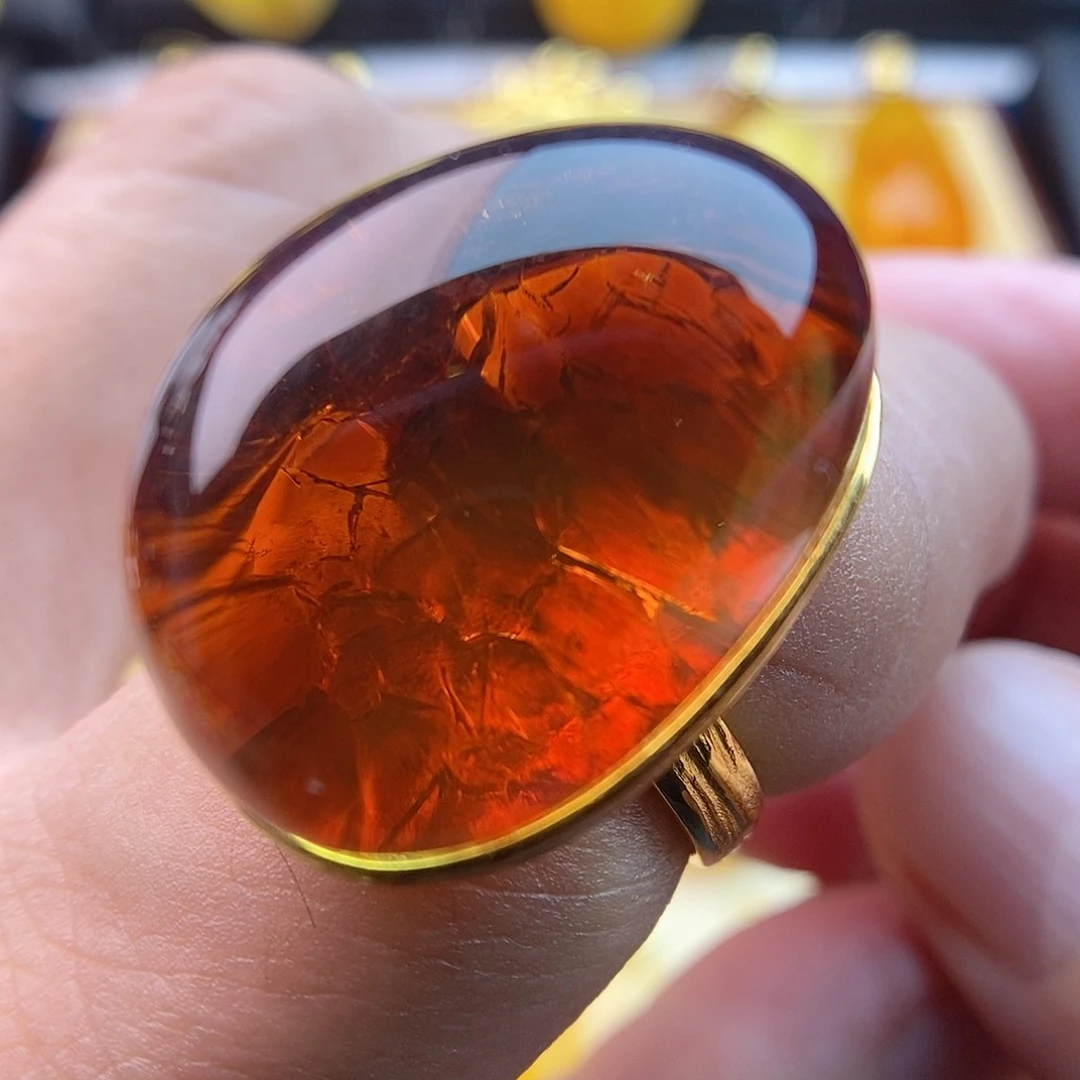 琥珀银S925镀金镶嵌戒指