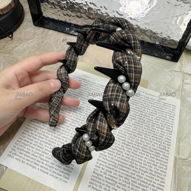 韩系东大门秋冬珠珠格纹带齿高颅顶发箍女日常外戴显脸小