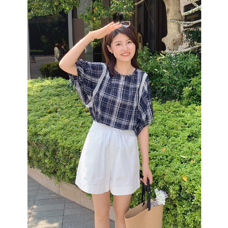 紫璐莱定格浪漫~法式格子花边设计感宽松圆领泡泡袖衬衫上衣女97X