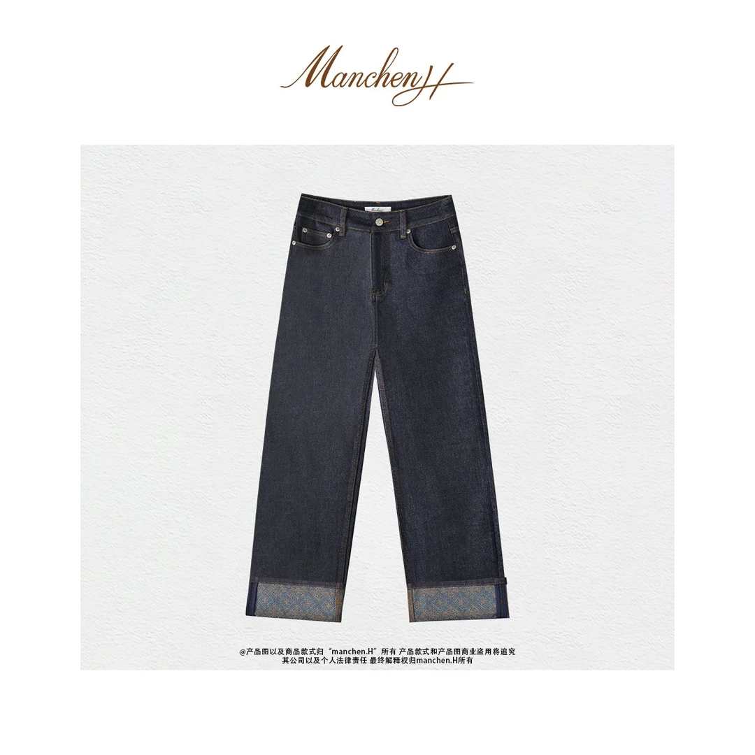 曼辰manchenh"翻边花牛"进口色织提花牛仔弹力复古牛仔裤