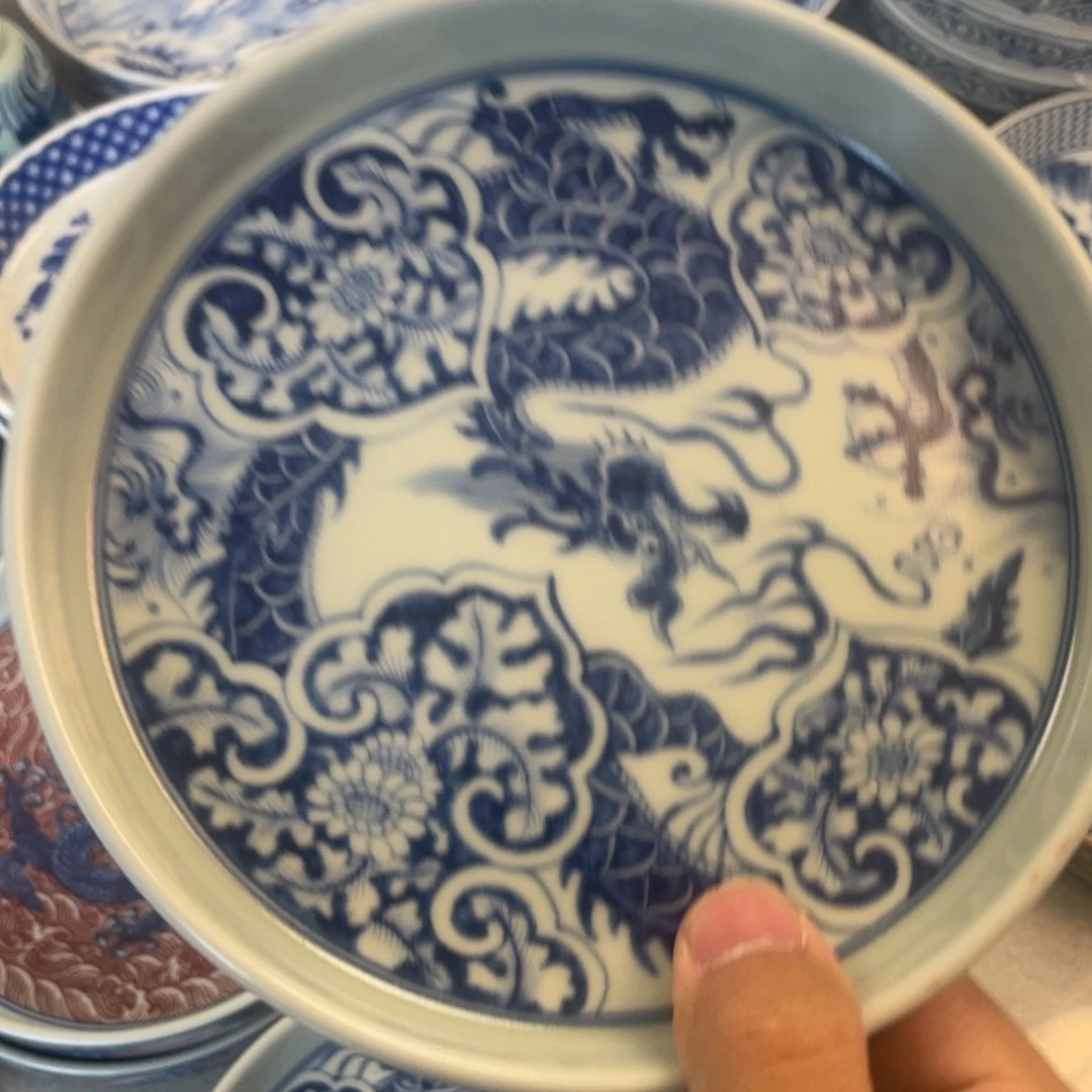 瓷片青花如意穿花龙大壶承微瑕