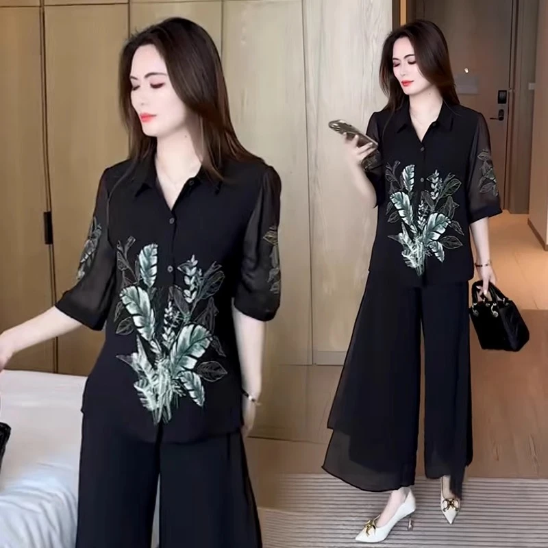 短袖雪纺衬衫女2025夏季新款洋气宽松显瘦遮肚子印花百搭时尚衬衣