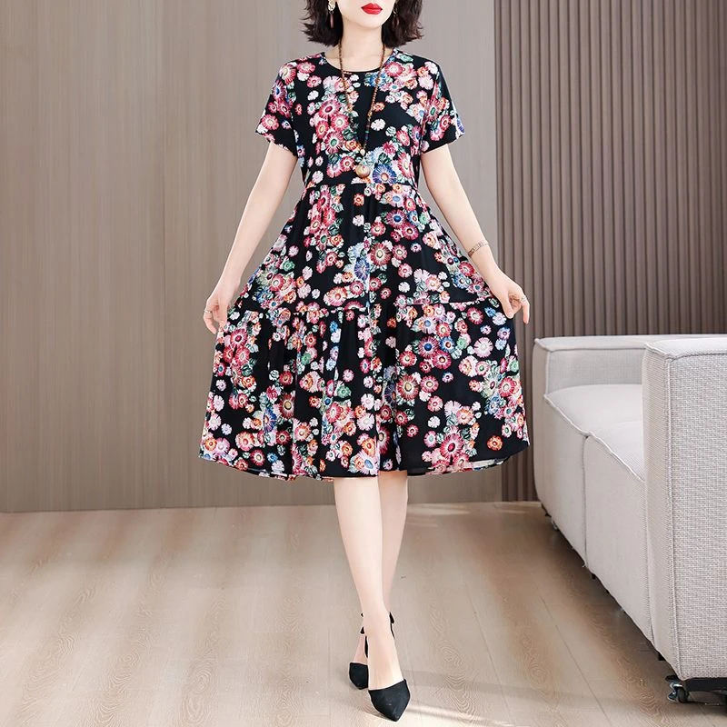夏季新款圆领妈妈装短袖棉绸碎花女装连衣裙气质女士显瘦印花裙子