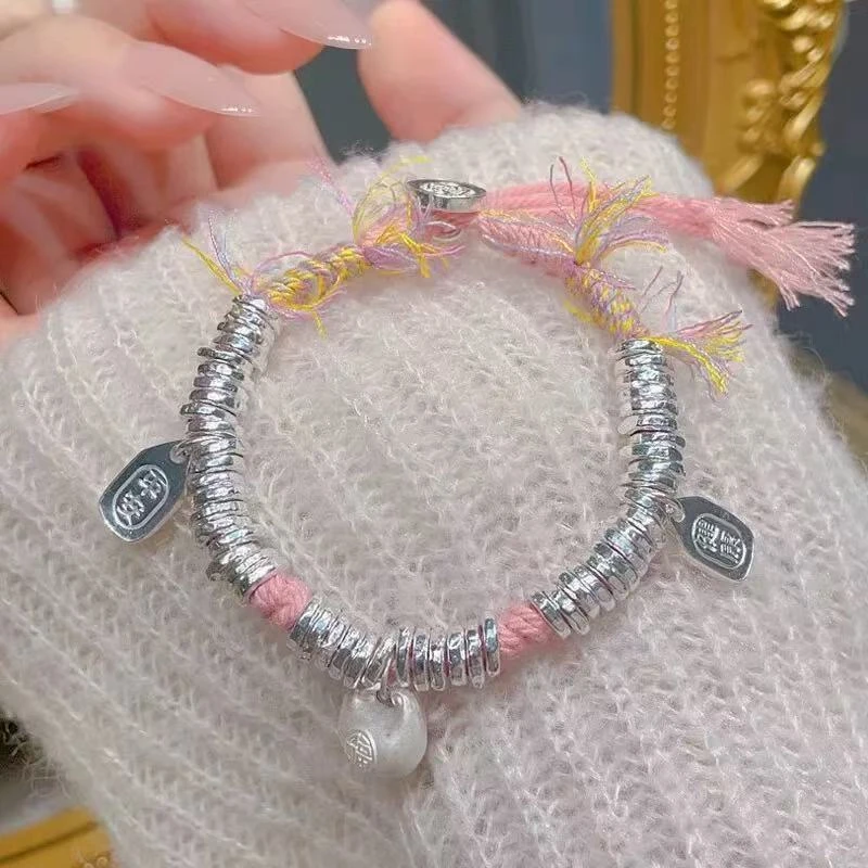 足银手链 45号链接足银999.9福字粉盘缠手链手工编织国风闺蜜礼物