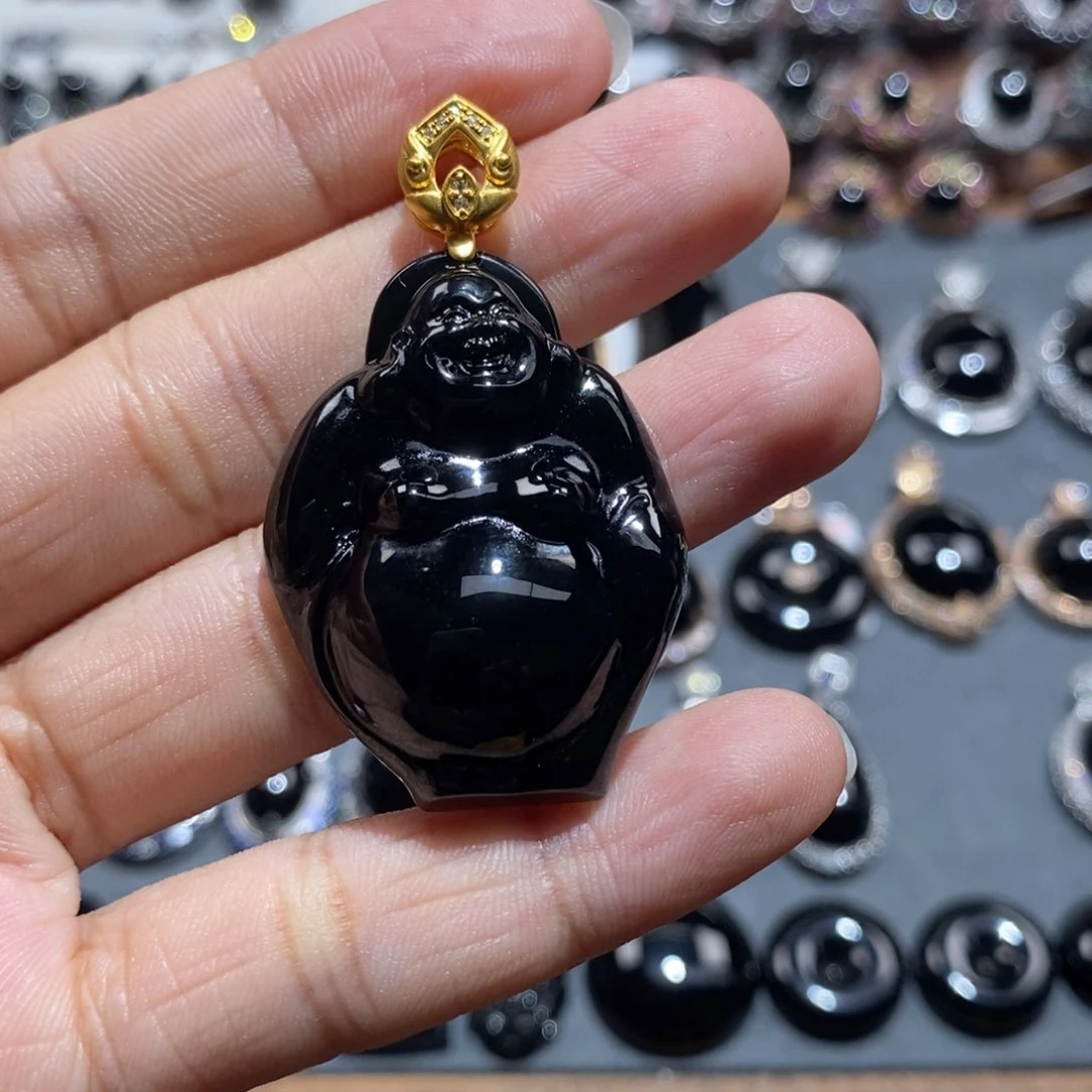 颈饰18K金镶嵌翡翠墨翠佛公