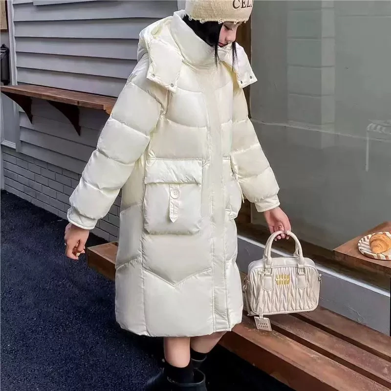 地素新款2024冬季新纯色嘉兴平湖羽绒服女中长款韩版大口袋白鸭绒