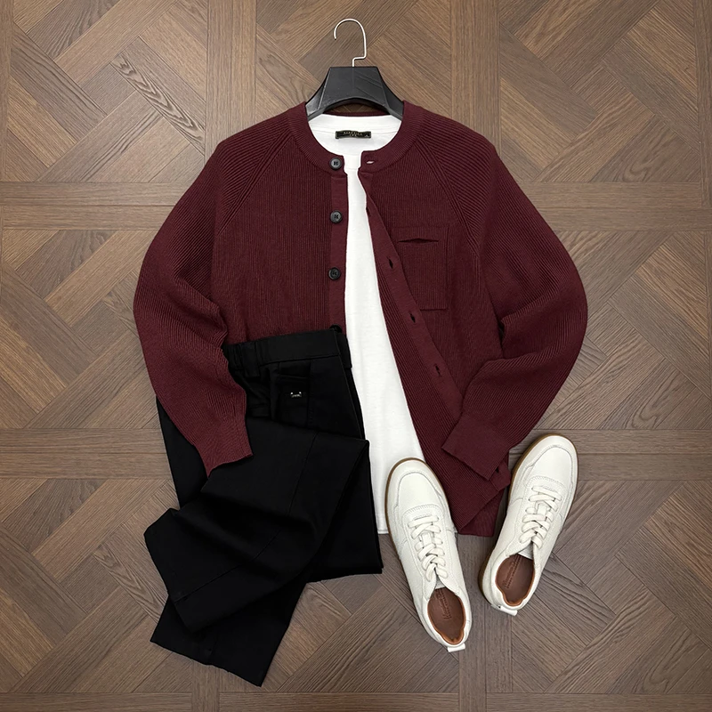 LANSIM·秋冬季慵懒风休闲圆领针织开衫男士简约时尚百搭毛衣外套