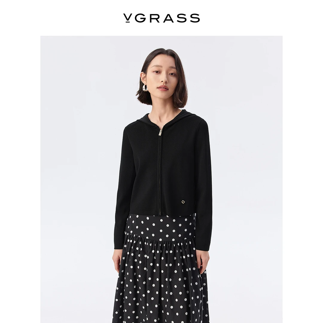 VGRASS简约百搭连帽拉链毛针织衫秋季新款上衣针织开衫VZO1P3521D