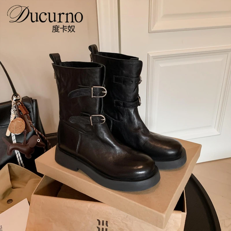 度卡奴秋冬新款时尚百搭英伦复古双皮带扣骑士靴高级感短靴女靴子